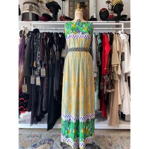 vintage 1970s maxi dress green and yellow mod floral border print polka dot